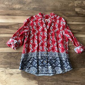 Charter Club Linen Luxury Red Print Button Shirt Roll Up Sleeve Size PM